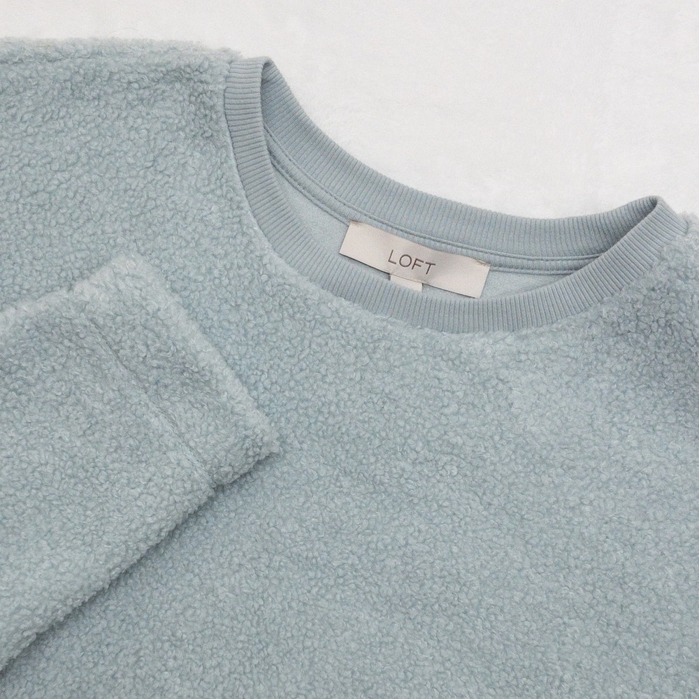 Loft Sherpa Fleece Sweatshirt Womens Small Blue Crewneck Pullover New